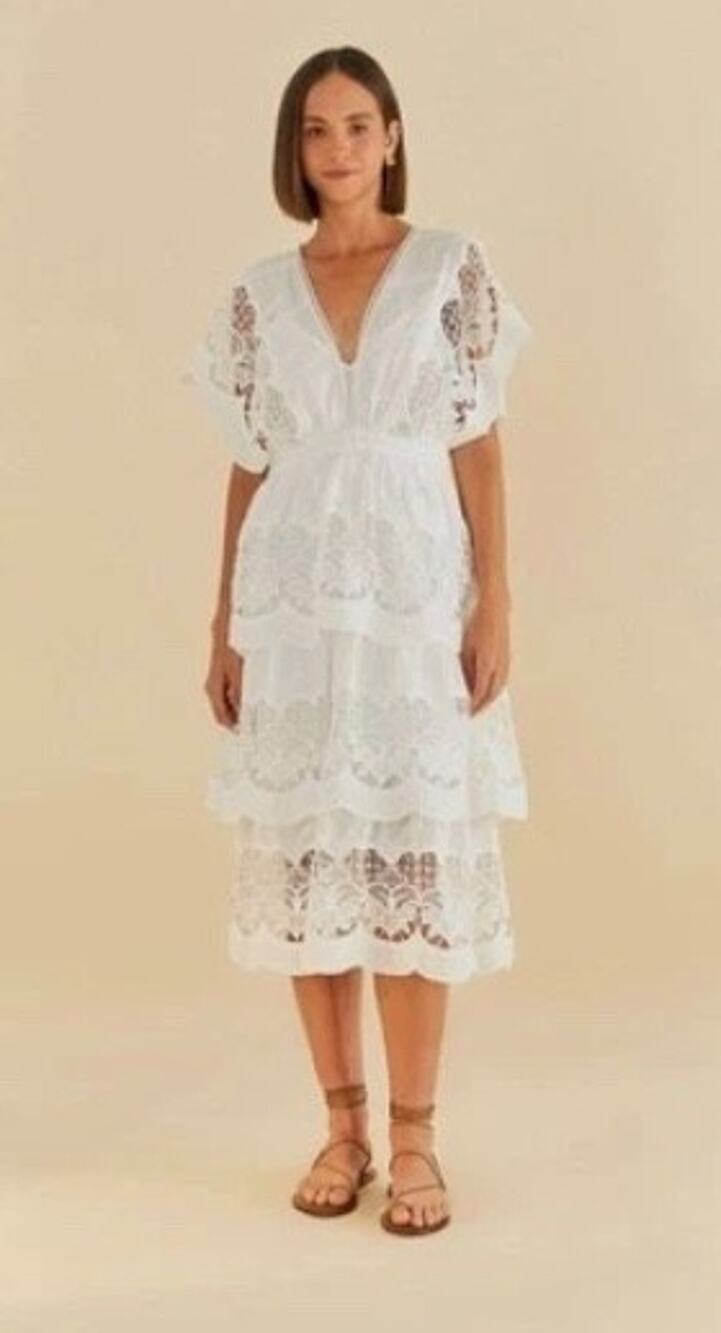 New! FARM Rio White Richelier Midi Dress Sz M Lace Embroidered Tiered Sz XS #58 - Picture 1 of 10